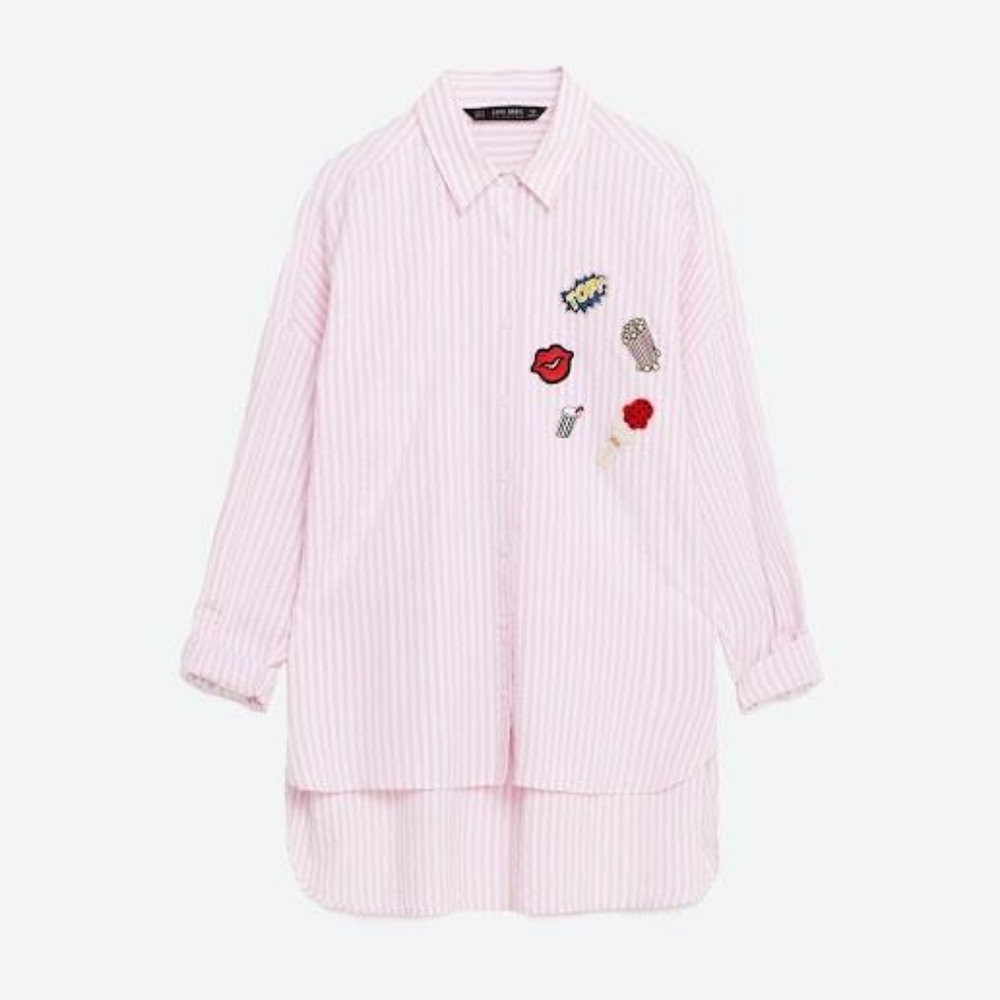 SOLD π« Zara Basic Poplin Popcorn Fun Patch Pink Striped Collared Shirt, Small - Picture 2 of 7